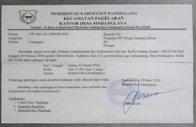 
 Surat undangan resmi dari Pemerintah Desa Sindanglaya, Kecamatan Pagelaran, Kabupaten Pandeglang kepada pimpinan PT Wing Gudang Labuan terkait agenda klarifikasi dugaan persoalan ketenagakerjaan, tertanggal 2 Maret 2026.
Sumber: Baratv.id