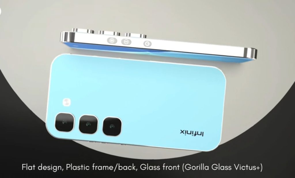 Gambar menampilkan smartphone Infinix dengan desain flat modern, tiga kamera belakang, dan layar penuh bergaya punch-hole.